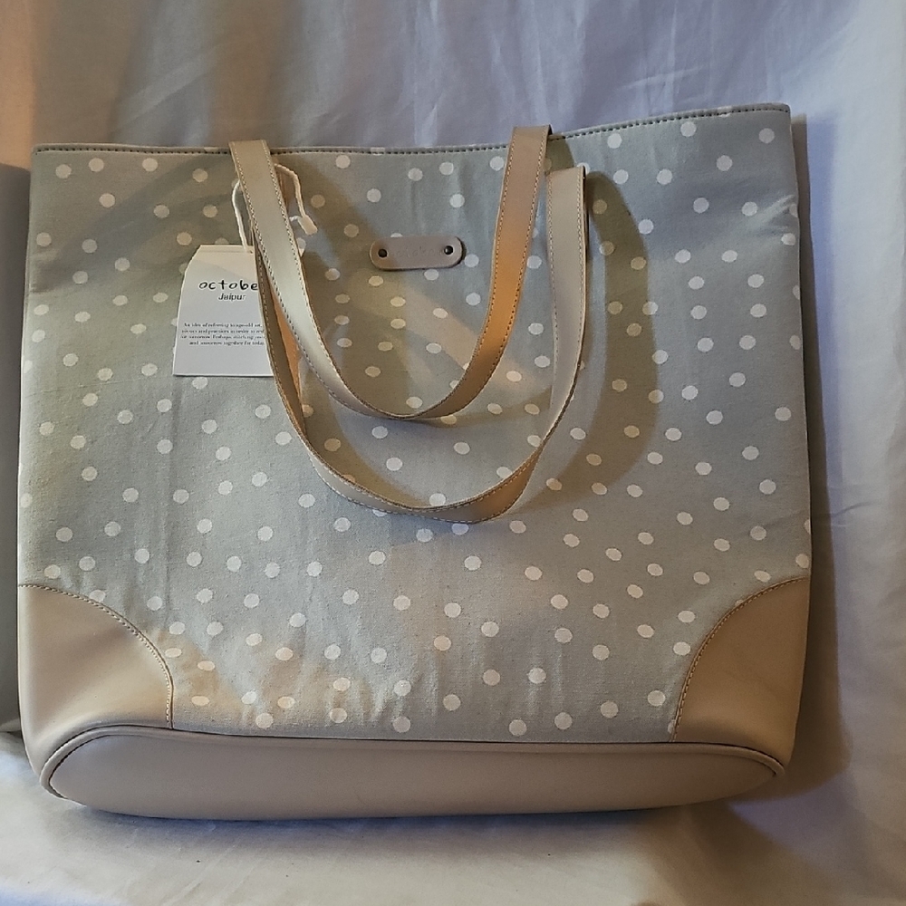 Pale Blue and Cream Structured Tote Bag with Polka Dots